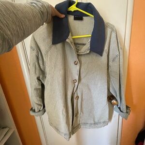 Striped Button-Up Jacket with Corduroy Blue Collar